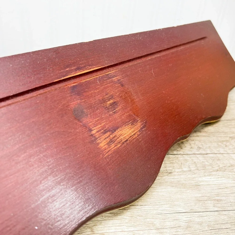 Vintage Maroon and Gold Wooden Plate Shelf - Vintage Wood Curio